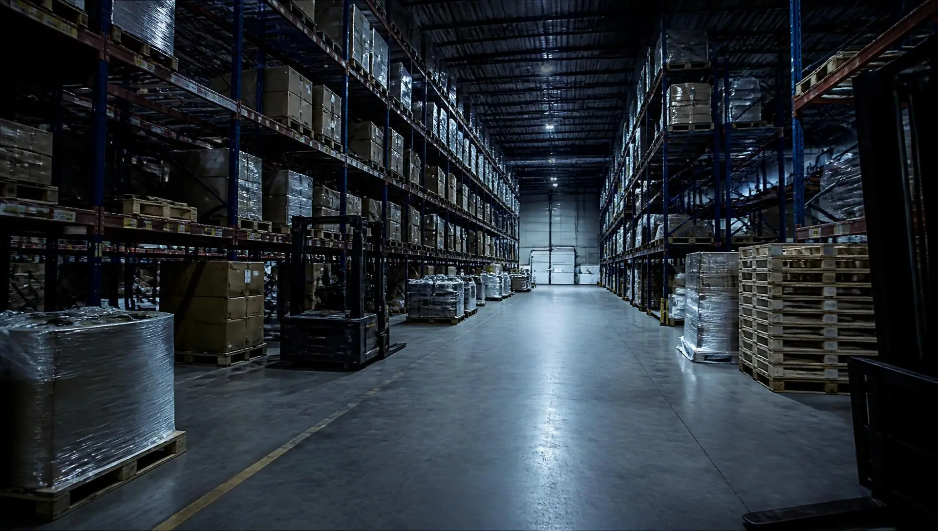 Interior de um centro de distribuição industrial com estruturas porta-paletes